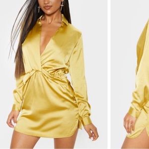 PrettyLittleThing DarkLime Twist Front Silky Dress